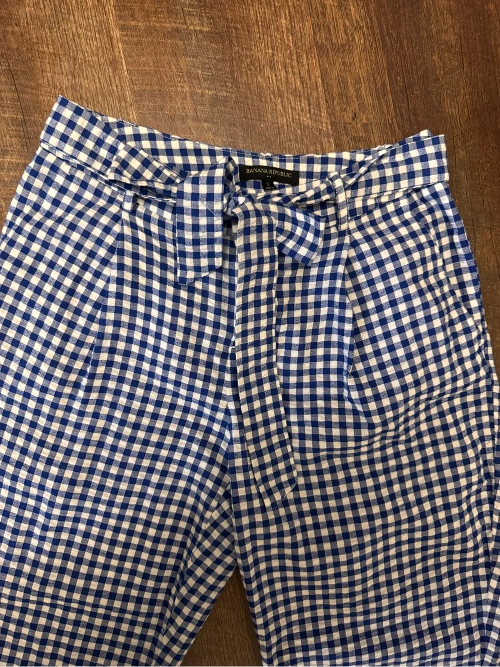 Banana Republic Blue Gingham Paperbag Tie Waist Ankle Pants Size 2 Linen Cotton